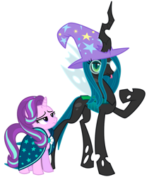 Size: 991x1176 | Tagged: safe, artist:rosemile mulberry, character:queen chrysalis, character:starlight glimmer, species:changeling, species:pony, species:unicorn, accessory swap, blep, cape, changeling queen, clothing, female, hat, raised hoof, robe, simple background, starlight wearing sunburst's robe, sunburst's robe, tongue out, trixie's hat, unamused, white background