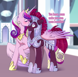 Size: 2851x2795 | Tagged: safe, artist:djkaskan, character:princess cadance, character:tempest shadow, species:alicorn, species:pony, species:unicorn, armor, broken horn, crack shipping, crystal empire, female, horn, infidelity, lesbian, mare, royal guard, shipping, tempest becomes a royal guard, tempestdance
