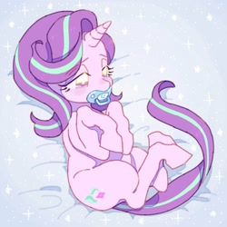 Size: 2048x2048 | Tagged: safe, artist:chapaghettii, character:starlight glimmer, species:pony, species:unicorn, bed, female, hooves to the chest, lidded eyes, lying down, on back, pacifier, solo, three quarter view