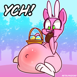 Size: 4000x4000 | Tagged: safe, artist:metalface069, species:pony, bunny ears, chocolate, commission, easter bunny, easter egg, fat, food, huge belly, your character here