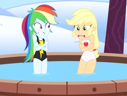 Size: 2048x1536 | Tagged: safe, artist:draymanor57, character:applejack, character:rainbow dash, my little pony:equestria girls, chattering teeth, clothing, cold, freezing, one-piece swimsuit, shivering, swimming pool, swimsuit, winter