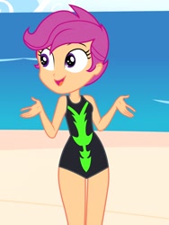 Size: 1536x2048 | Tagged: safe, artist:draymanor57, character:scootaloo, species:pegasus, species:pony, my little pony:equestria girls, beach, clothing, female, one-piece swimsuit, solo, swimsuit