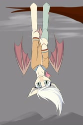 Size: 2000x3000 | Tagged: safe, artist:observerdoz, oc, oc only, species:bat pony, bat pony oc, bat wings, female, looking at you, solo, tree branch, upside down, wings