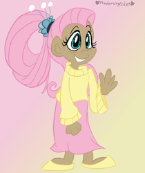 Size: 672x800 | Tagged: safe, artist:mirabuncupcakes15, character:fluttershy, species:human, episode:the last problem, g4, my little pony: friendship is magic, alternate hairstyle, clothing, dark skin, female, flats, grin, humanized, long skirt, older, older fluttershy, shoes, skirt, smiling, solo, sweater, sweatershy, waving