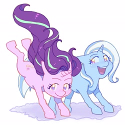 Size: 2048x2048 | Tagged: safe, artist:chapaghettii, character:starlight glimmer, character:trixie, species:pony, species:unicorn, bucking, duo, female, horses doing horse things, mare, open mouth, simple background, smiling, white background