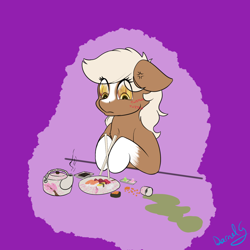 Size: 1500x1500 | Tagged: safe, artist:darnelg, species:earth pony, species:pony, chopsticks, earth pony problems, epona, eye twitch, fire in her eyes, food, horse problems, meat, messy, ponies eating meat, ponies eating seafood, rage, seafood, sushi, the legend of zelda