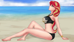 Size: 1975x1146 | Tagged: safe, artist:anonix123, part of a set, character:sunset shimmer, species:human, my little pony:equestria girls, barefoot, beach, beach babe, big breasts, bikini, breasts, clothing, feet, female, human coloration, legs, ocean, sand, sexy, solo, stupid sexy sunset shimmer, summer sunset, swimsuit, thighs