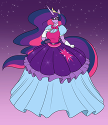 Size: 2850x3300 | Tagged: safe, artist:toughset, character:princess celestia, character:twilight sparkle, character:twilight sparkle (alicorn), character:twilight sparkle (scitwi), species:alicorn, species:anthro, species:eqg human, species:pony, alicornified, clothing, dress, equestria girls outfit, ethereal mane, female, fusion, gloves, gown, mare, older, older sci-twi, older twilight, race swap, solo, wingless, wingless alicorn, wingless anthro