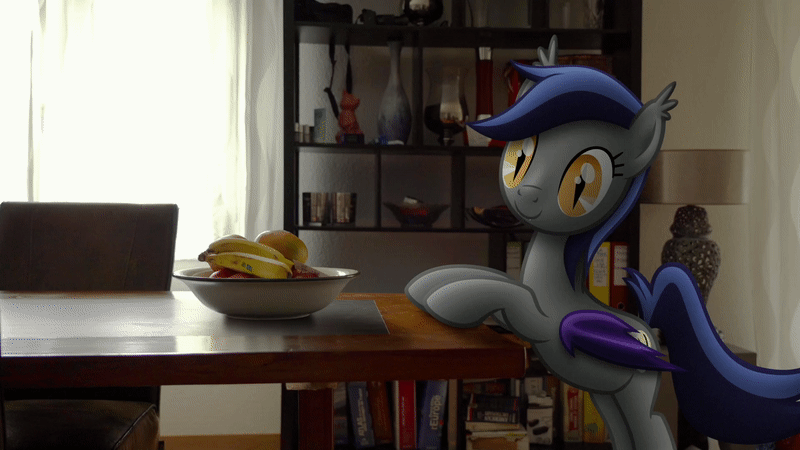 Size: 800x450 | Tagged: safe, artist:stormxf3, oc, oc only, oc:echo, species:bat pony, species:pony, animated, apple, banana, bat pony oc, cartoon physics, chair, female, food, gif, herbivore, hooves on the table, irl, mango, photo, plate, ponies in real life, solo, table, youtube link