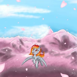 Size: 2000x2000 | Tagged: safe, artist:shinycyan, oc, oc:tridashie, species:pegasus, species:pony, blue sky, cherry blossoms, flower, flower blossom, flying, happy, mountain, pink, solo, spring