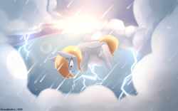 Size: 2880x1800 | Tagged: safe, artist:perezadotarts, character:derpy hooves, species:pegasus, species:pony, cloud, crying, cutie mark, digital art, female, lens flare, lightning, rain, solo, sunlight, teary eyes, text, water
