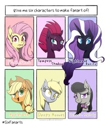 Size: 1600x1910 | Tagged: safe, artist:livehotsun, character:applejack, character:derpy hooves, character:flutterbat, character:fluttershy, character:nightmare rarity, character:octavia melody, character:rarity, character:tempest shadow, species:bat pony, species:earth pony, species:pegasus, species:pony, species:unicorn, bat ponified, cute, ear fluff, female, happy, looking at you, mare, race swap, six fanarts