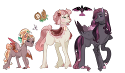 Size: 2300x1347 | Tagged: safe, artist:bunnari, oc, oc only, oc:crow symphony, oc:gentle lullaby, oc:giselle bird, parent:fluttershy, parent:octavia melody, parents:fluttertavia, species:earth pony, species:pegasus, species:pony, female, filly, hair over one eye, magical lesbian spawn, male, mare, offspring, siblings, simple background, stallion, transparent background, unshorn fetlocks