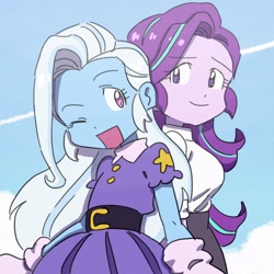 Size: 2048x2048 | Tagged: safe, artist:chapaghettii, character:starlight glimmer, character:trixie, my little pony:equestria girls, clothing, digimon, dress, humanized, no pupils, one eye closed, open mouth, skirt, skirt suit, smiling, suit, wink