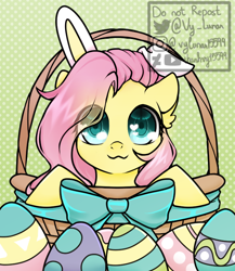 Size: 650x750 | Tagged: safe, artist:thanhvy15599, character:fluttershy, species:pegasus, species:pony, basket, bow, bunny ears, commission, cute, ear fluff, easter, easter basket, easter egg, egg, eye clipping through hair, female, heart eyes, holiday, shyabetes, solo, wingding eyes, ych example, your character here