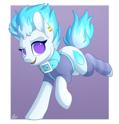 Size: 2400x2500 | Tagged: safe, artist:luminousdazzle, oc, oc only, oc:frostfire, species:earth pony, species:pony, clothing, collar, cutie mark, ear piercing, earring, female, high res, jewelry, leg warmers, looking at you, mare, no pupils, open mouth, piercing, smiling, socks, solo, striped socks