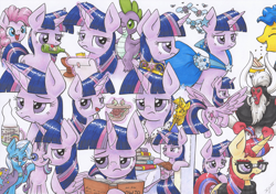 Size: 4655x3270 | Tagged: safe, artist:xeviousgreenii, character:lord tirek, character:moondancer, character:pinkie pie, character:spike, character:starlight glimmer, character:trixie, character:twilight sparkle, character:twilight sparkle (alicorn), character:twilight sparkle (unicorn), species:alicorn, species:dragon, species:earth pony, species:pony, species:unicorn, episode:a canterlot wedding, episode:amending fences, episode:friendship is magic, episode:no second prances, episode:princess twilight sparkle, episode:swarm of the century, episode:the best night ever, episode:the ticket master, episode:twilight's kingdom, g4, my little pony: friendship is magic, big crown thingy, book, cake, clothing, dragons riding ponies, dress, element of magic, female, food, gala dress, gala ticket, grumpy, grumpy twilight, high res, jewelry, magic, male, mare, mug, parasprite, regalia, riding, sandwich, scene interpretation, scepter, scroll, sitting, solo focus, stallion, throne, traditional art, twilight is not amused, twilight scepter, unamused