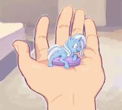 Size: 2000x1800 | Tagged: safe, artist:chapaghettii, edit, character:trixie, species:human, species:pony, species:unicorn, cushion, cute, diatrixes, disembodied hand, female, hand, in goliath's palm, mare, micro, no pupils, open mouth, prone, smiling, tiny, tiny ponies