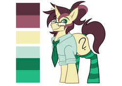 Size: 4093x2894 | Tagged: safe, artist:aidraws, oc, oc only, oc:ambiguity, species:pony, species:unicorn, clothing, cute, eyeshadow, glasses, green eyes, makeup, necktie, ponytail, reference sheet, socks, solo, stockings, striped socks, suit, thigh highs