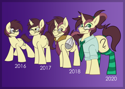 Size: 4093x2894 | Tagged: safe, artist:aidraws, oc, oc only, oc:ambiguity, species:alicorn, species:earth pony, species:pony, species:unicorn, brown eyes, clothing, cute, glasses, green eyes, necktie, ponytail, sequence, socks, solo, stockings, striped socks, suit, thigh highs, wings