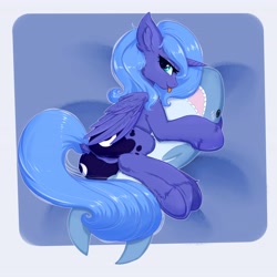 Size: 4096x4096 | Tagged: safe, artist:evlass, character:princess luna, species:alicorn, species:pony, g4, absurd resolution, blep, both cutie marks, cheek fluff, cute, dock, ear fluff, featureless crotch, female, leg fluff, looking at you, lunabetes, mare, profile, s1 luna, shark, shark plushie, solo, tongue out, ych sketch