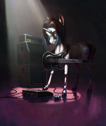 Size: 2029x2408 | Tagged: safe, artist:nemo2d, artist:skyaircobra, oc, oc only, species:pony, species:unicorn, amplifier, collaboration, ear piercing, earring, frown, guitar, jewelry, looking down, musical instrument, piercing, solo, speakers