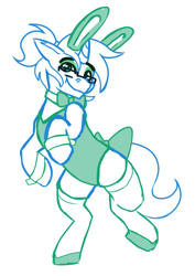 Size: 2894x4093 | Tagged: safe, artist:aidraws, oc, oc:ambiguity, species:pony, species:unicorn, bow, bunny ears, bunny suit, clothing, crossdressing, cute, easter, eyeshadow, glasses, green eyes, holiday, makeup, ponytail, sketch, socks, solo, stockings, thigh highs