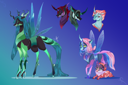 Size: 3000x2000 | Tagged: safe, artist:bunnari, character:ocellus, character:pharynx, character:queen chrysalis, character:thorax, oc, oc:amanita, oc:naiad, parent:lily, parent:lotus blossom, parent:queen chrysalis, species:changeling, alternate design, alternate universe, magical lesbian spawn, offspring, parents:chrysalily, parents:lotuslis