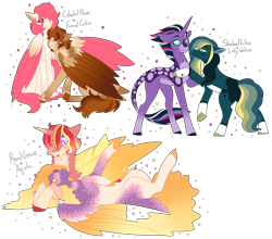 Size: 5000x4407 | Tagged: safe, artist:clay-bae, oc, oc only, oc:aquila, oc:celestial flower, oc:funnel cake, oc:inky waters, oc:royal grove, oc:shadow flicker, parent:cheese sandwich, parent:pinkie pie, parent:princess cadance, parent:sunburst, parent:tempest shadow, parent:twilight sparkle, parents:cheesepie, parents:sundence, parents:tempestlight, species:pegasus, species:pony, species:unicorn, absurd resolution, female, kissing, magical lesbian spawn, male, mare, offspring, on back, shipping, simple background, stallion, transparent background, two toned wings, wings