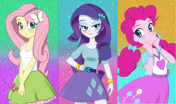 Size: 2250x1334 | Tagged: safe, artist:burning-heart-brony, edit, character:fluttershy, character:pinkie pie, character:rarity, my little pony:equestria girls, blushing, breasts, cleavage, clothing, cute, ear piercing, earring, female, jewelry, piercing, skirt, tank top, trio