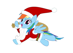 Size: 1975x1436 | Tagged: safe, artist:livehotsun, artist:sketchmcreations, edit, character:rainbow dash, species:pegasus, species:pony, beard, christmas, clothing, costume, cute, dashabetes, facial hair, female, flying, happy, hat, holiday, long beard, looking at you, mare, open mouth, sack, santa claus, santa costume, santa hat, santa sack, simple background, smiling, solo, transparent background, vector, vector edit
