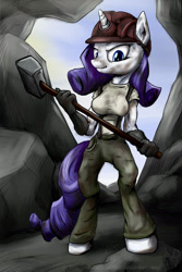 Size: 1024x1534 | Tagged: safe, artist:rule1of1coldfire, character:rarity, species:anthro, clothing, female, hammer, hat, miner, solo, suspenders