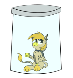 Size: 709x750 | Tagged: safe, artist:nevaylin, oc, oc:pad, species:griffon, collar, griffon oc, jar, lewd container meme, pony in a bottle, stuck, this will not end well, ych result