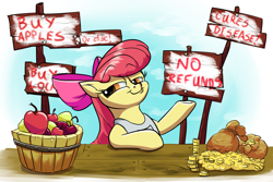 Size: 3000x2000 | Tagged: safe, artist:rocket-lawnchair, character:apple bloom, species:earth pony, species:pony, apple, apron, bag of money, blatant lies, bow, buy some apples, clothing, female, food, hair bow, smiling, smug, solo