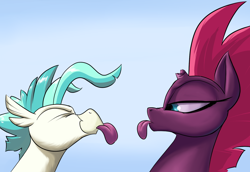 Size: 1600x1100 | Tagged: safe, artist:rocket-lawnchair, character:tempest shadow, character:terramar, species:hippogriff, species:pony, species:unicorn, broken horn, duo, female, horn, male, mare, mlem, silly, tongue out