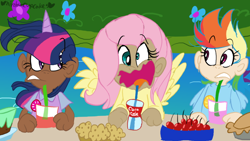 Size: 800x450 | Tagged: safe, artist:mirabuncupcakes15, character:fluttershy, character:rainbow dash, character:twilight sparkle, species:human, burp, cake, cherry, clothing, coke, dark skin, drink, drinking straw, female, food, glass, horn, horned humanization, humanized, muffin, open mouth, pie, shirt, soda, straw, sweater, sweatershy, t-shirt, trio, vest, winged humanization, wings
