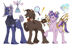 Size: 2114x1257 | Tagged: safe, artist:bunnari, oc, oc only, oc:logical answer, oc:scientific witchery, oc:starry eyes, parent:derpy hooves, parent:doctor whooves, parent:twilight sparkle, parents:doctorderpy, parents:doctwi, parents:twerpy, species:earth pony, species:pegasus, species:pony, species:unicorn, female, male, offspring, simple background, stallion, teenager, transparent background