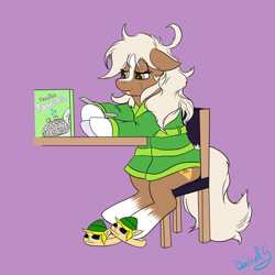 Size: 1500x1500 | Tagged: safe, artist:darnelg, species:earth pony, species:pony, bathrobe, clothing, eating, epona, female, mare, messy mane, ponified, robe, sitting, slippers, solo, the legend of zelda, tired, tired eyes