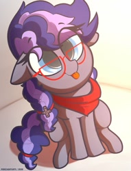 Size: 519x680 | Tagged: safe, artist:perezadotarts, part of a set, oc, oc only, oc:cinnabyte, species:earth pony, species:pony, adorkable, bandana, cute, dork, female, glasses, mare, sitting, tongue out, ych result