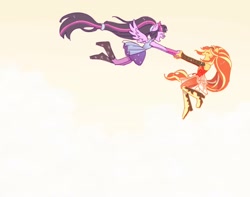Size: 2048x1617 | Tagged: safe, artist:chapaghettii, character:sunset shimmer, character:twilight sparkle, character:twilight sparkle (scitwi), species:eqg human, ship:scitwishimmer, ship:sunsetsparkle, my little pony:equestria girls, boots, clothing, cloud, dress, eyes closed, female, flying, glasses, holding hands, lesbian, open mouth, ponied up, ponytail, shipping, shoes, sky