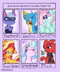 Size: 818x977 | Tagged: safe, artist:nevaylin, character:gallus, character:kerfuffle, character:silverstream, character:sunset shimmer, species:anthro, species:griffon, species:pegasus, species:pony, friendship is magic: rainbow roadtrip, g4, my little pony: friendship is magic, animal crossing, bedroom eyes, bust, butterfly, chest fluff, clothing, crossover, eyes closed, female, flick, glasses, heart, heterochromia, kobold, lizard, male, mare, raymond, six fanarts, smiling