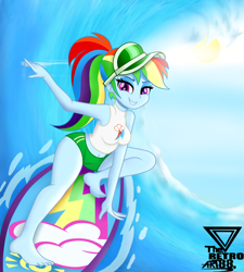 Size: 2500x2777 | Tagged: safe, artist:theretroart88, character:rainbow dash, my little pony:equestria girls, barefoot, belly button, board shorts, breasts, busty rainbow dash, clothing, confident, feet, female, high res, looking at you, ocean, ponytail, pose, purple eyes, sexy, shorts, smiling, smirk, solo, sun, surfboard, surfing, tomboy, wave