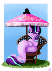 Size: 4000x5401 | Tagged: safe, artist:poecillia-gracilis19, character:starlight glimmer, species:pony, species:unicorn, chair, female, long glimmer, long pony, mare, meme, ponified meme, sitting, smiling, solo, umbrella