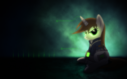 Size: 1920x1200 | Tagged: safe, artist:groxy-cyber-soul, artist:vexx3, oc, oc only, oc:littlepip, species:pony, species:unicorn, fallout equestria, abstract background, clothing, cutie mark, fanfic, fanfic art, female, hooves, horn, mare, pipbuck, sitting, solo, text, vault suit, wallpaper