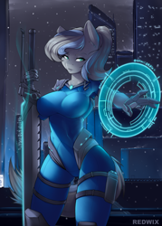 Size: 2500x3500 | Tagged: safe, artist:redwix, oc, oc:scotia, species:anthro, species:earth pony, species:pony, engineer, female, ponytail, skintight clothes, solo, space, space suit, sword, weapon