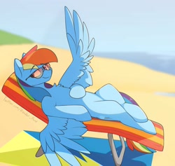 Size: 2773x2626 | Tagged: safe, artist:renderpoint, character:rainbow dash, species:pegasus, species:pony, beach, beach chair, chair, chest fluff, female, high res, mare, on back, solo, spread wings, sunglasses, wings