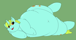 Size: 4445x2381 | Tagged: safe, artist:watertimdragon, character:whoa nelly, species:pony, species:unicorn, belly, belly button, big belly, cute, fat, female, green background, high res, lying down, mare, obese, simple background, solo, tongue out, whoa nellybetes