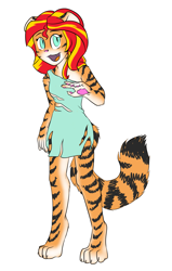Size: 1801x2835 | Tagged: safe, artist:catlover1672, character:sunset shimmer, species:anthro, big cat, clothing, cute, dress, fangs, female, flora, furrified, furry, high res, keidran, nyanset shimmer, shimmerbetes, simple background, solo, species swap, tiger, twokinds, white background