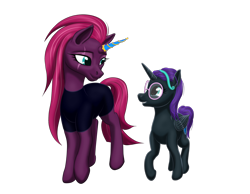 Size: 2050x1591 | Tagged: safe, artist:vasillium, character:fizzlepop berrytwist, character:tempest shadow, oc, oc:nyx, species:alicorn, species:pony, species:unicorn, accessories, alicorn oc, clothing, cutie mark, eye scar, female, filly, happy, headband, horn, looking at each other, mare, moon, nostrils, prosthetic horn, prosthetics, scar, shield, simple background, teeth, tempest gets her horn back, transparent background, uniform, wings