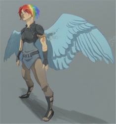 Size: 1280x1360 | Tagged: safe, artist:joan-grace, character:rainbow dash, species:human, alternate hairstyle, alternate universe, armor, belt, blue background, boots, clothing, female, fingerless gloves, gloves, humanized, pants, rope, scar, shirt, shoes, simple background, solo, winged humanization, wings